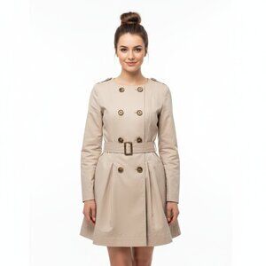 *Jill Stuart Beige Ruffle Hem Trench Coat Collarless Lightweight Cotton Blend Si